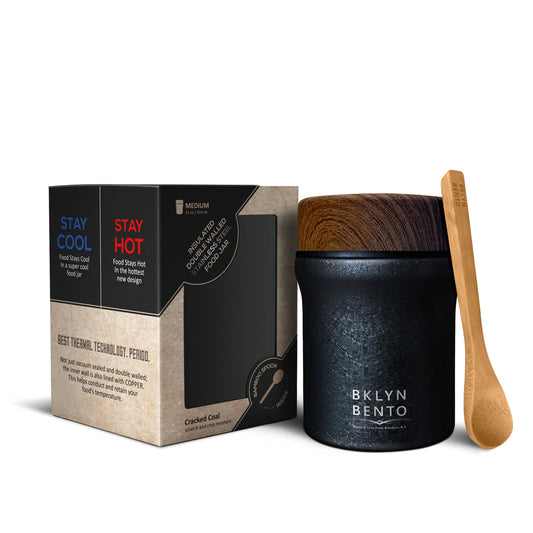 Bklyn Bento Stainless Steel Insulated Food Thermos with Bamboo Spoon, 100% Leak Proof Food Jar – Cracked Coal (Medium / 14oz)