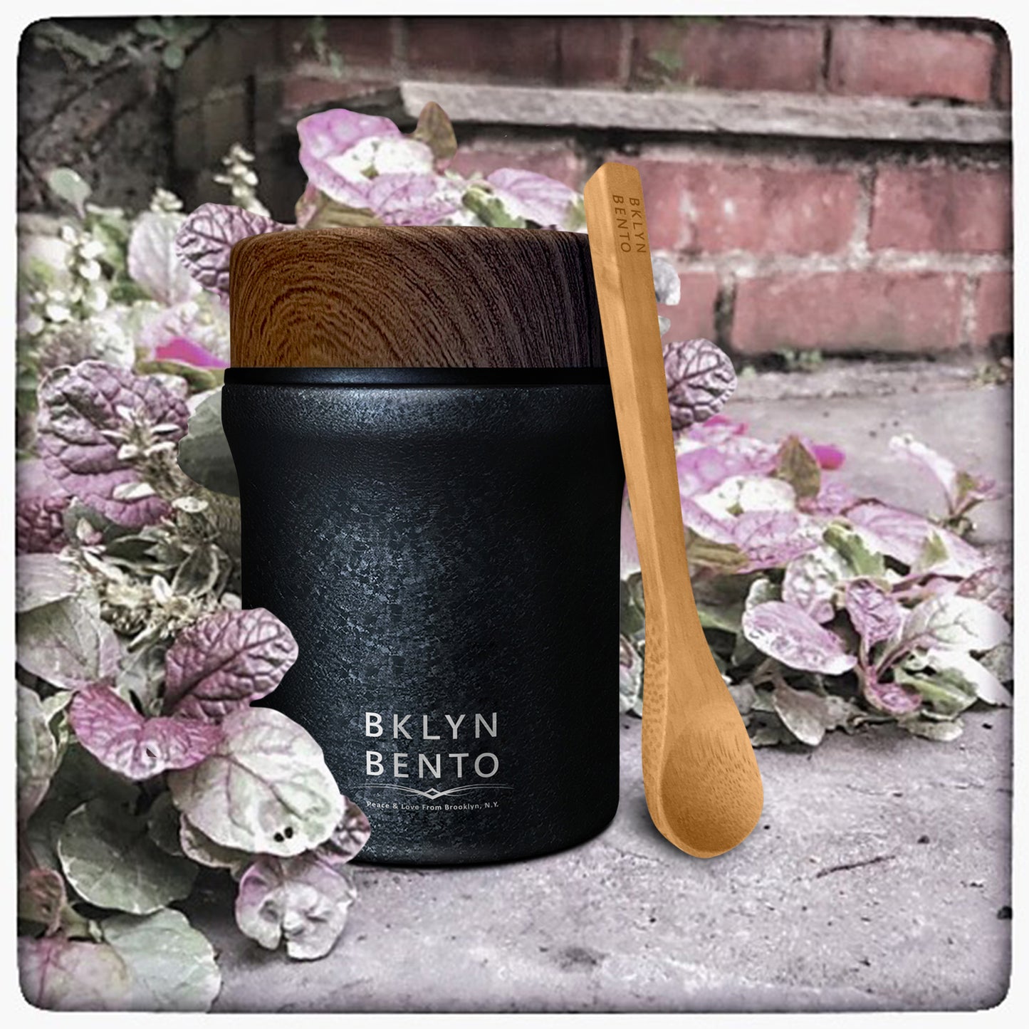 Bklyn Bento Stainless Steel Insulated Food Thermos with Bamboo Spoon, 100% Leak Proof Food Jar – Cracked Coal (Medium / 14oz)