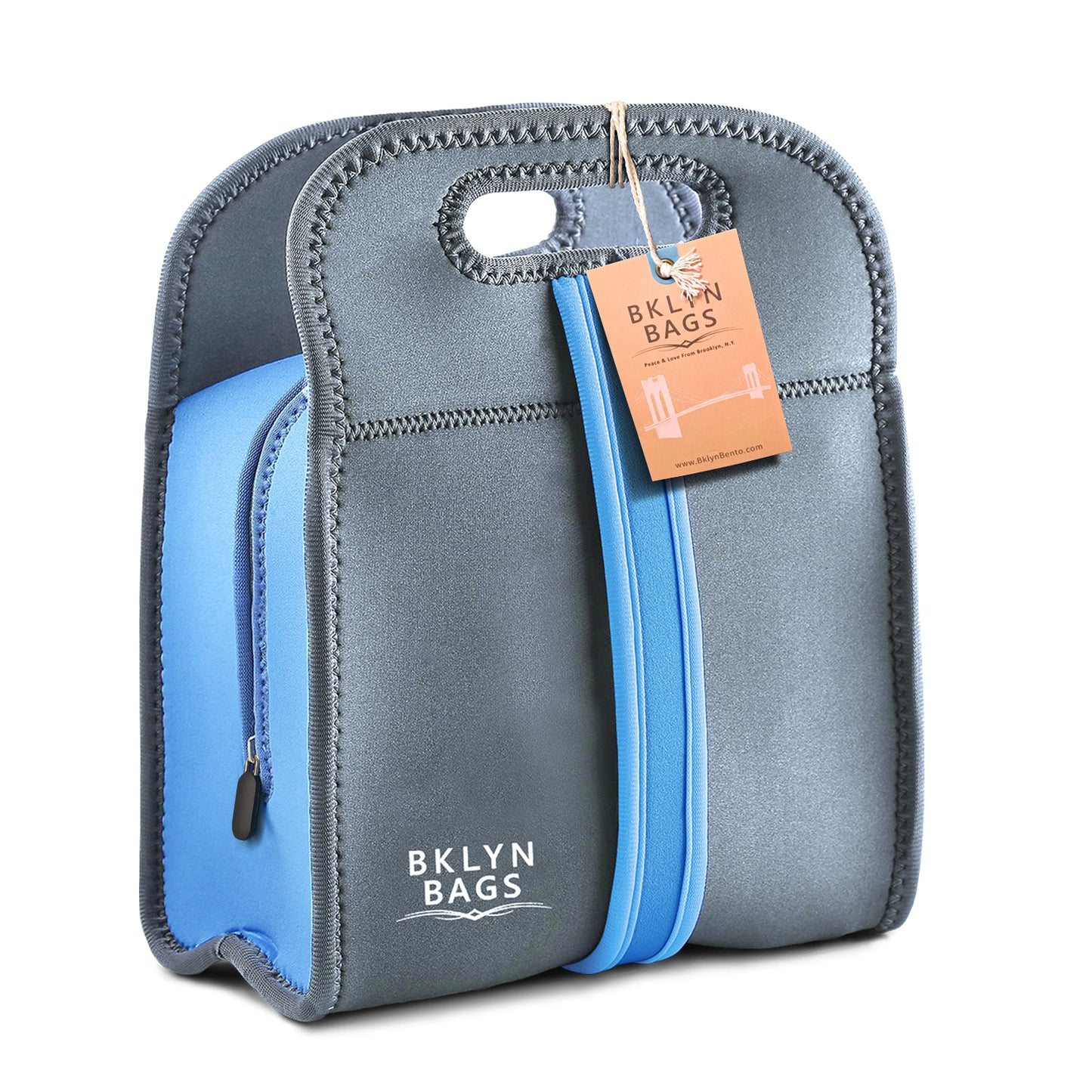 Bklyn Bento Neoprene Lunch Bag (Charcoal + Blue), Super Durable, Soft, Easy to Clean, Machine Washable