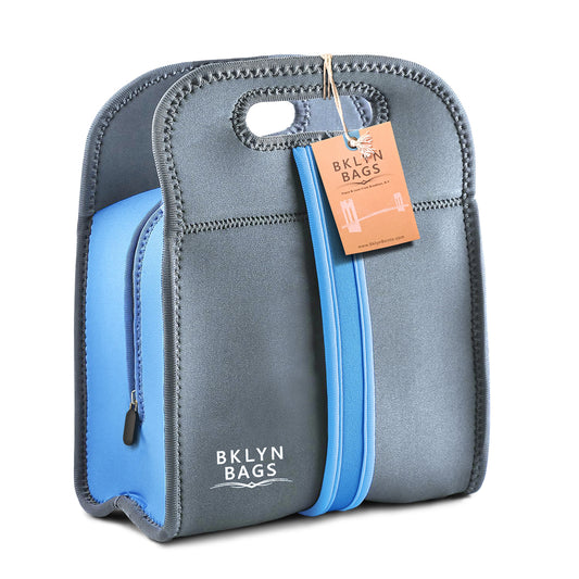 Bklyn Bento Neoprene Lunch Bag (Charcoal + Blue), Super Durable, Soft, Easy to Clean, Machine Washable