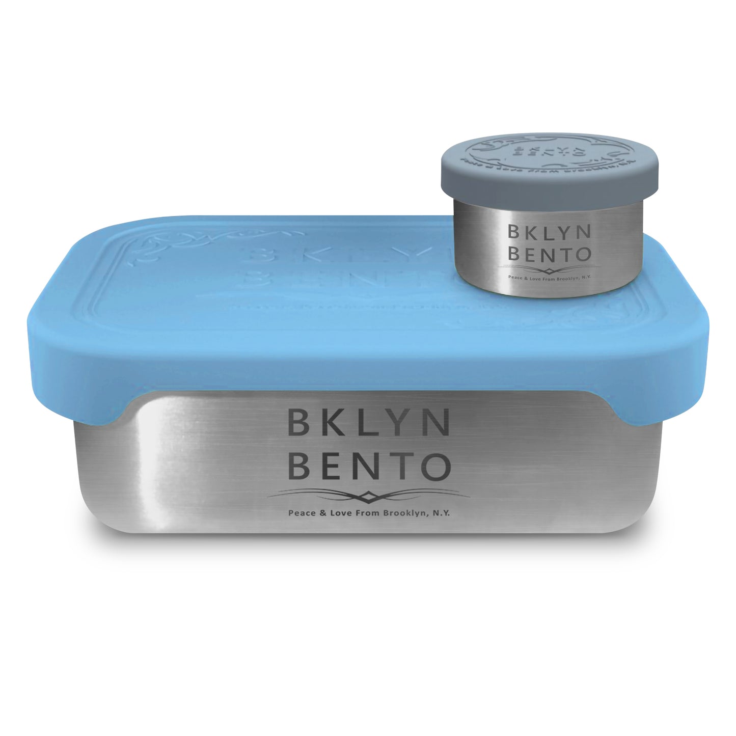 Bklyn Bento 2 Piece Set, Stainless Steel Metal Lunch Box + Condiment Container with Leakproof Lids (Blue)