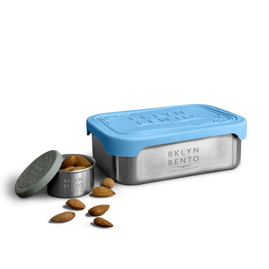 Bklyn Bento 2 Piece Set, Stainless Steel Metal Lunch Box + Condiment Container with Leakproof Lids (Blue)
