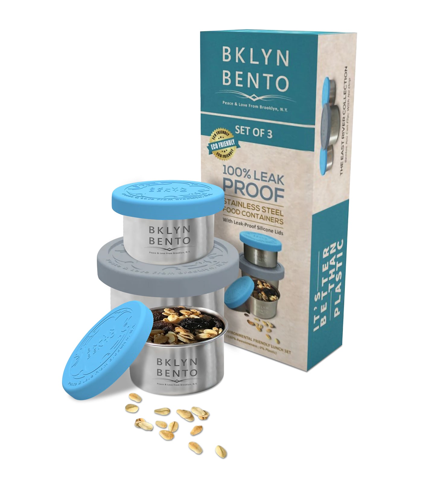 Bklyn Bento SMALL Stainless Steel 3 Piece Condiment Set, Great For Salad Dressings And Portion Control Snacks with 100% Leakproof Lids