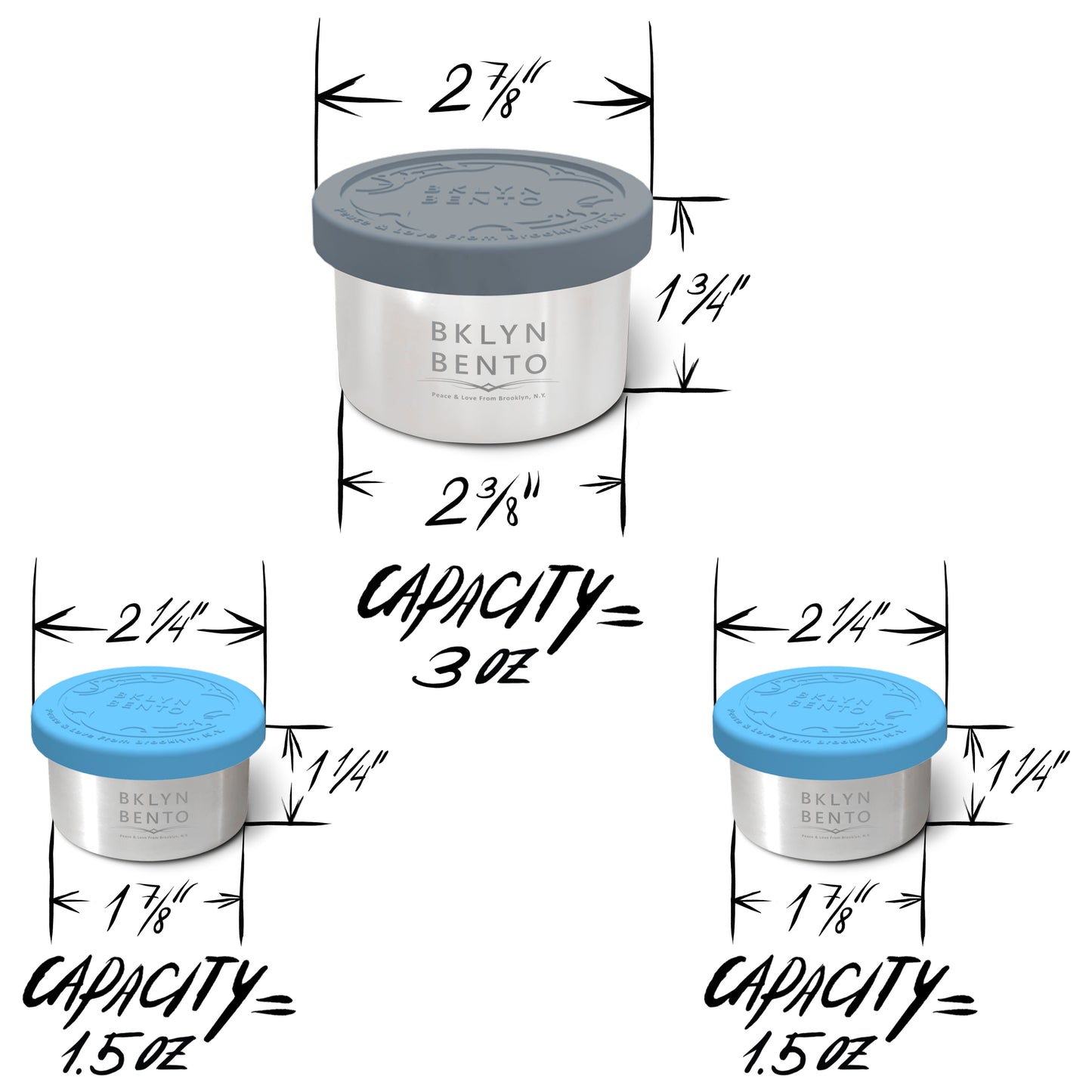 Bklyn Bento SMALL Stainless Steel 3 Piece Condiment Set, Great For Salad Dressings And Portion Control Snacks with 100% Leakproof Lids
