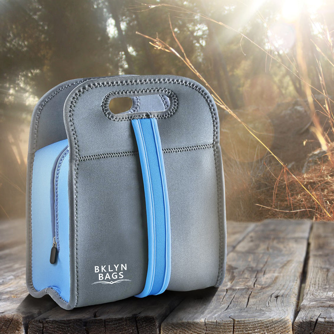 Bklyn Bento Neoprene Lunch Bag (Charcoal + Blue), Super Durable, Soft, Easy to Clean, Machine Washable