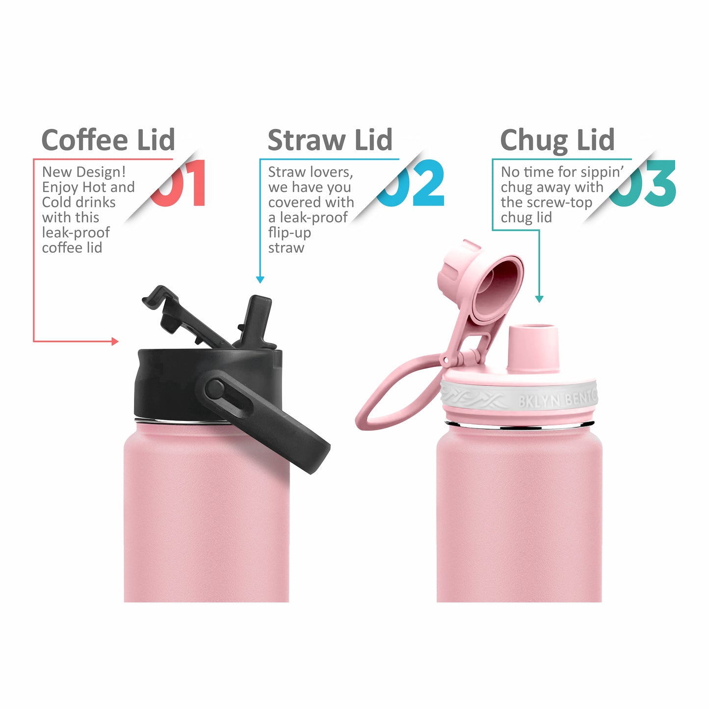 Bklyn Bento Wide-Mouth Vacuum Insulated Water Bottle Comes With All 3 Lid Options: (1) Chug (2) Straw and (3) Coffee Lid (Pink / 16oz)