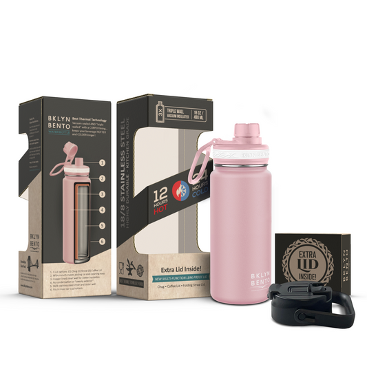 Bklyn Bento Wide-Mouth Vacuum Insulated Water Bottle Comes With All 3 Lid Options: (1) Chug (2) Straw and (3) Coffee Lid (Pink / 16oz)