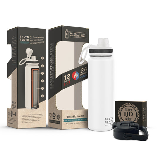 Bklyn Bento Wide-Mouth Vacuum Insulated Water Bottle Comes With All 3 Lid Options: (1) Chug (2) Straw and (3) Coffee Lid (White / 24oz)