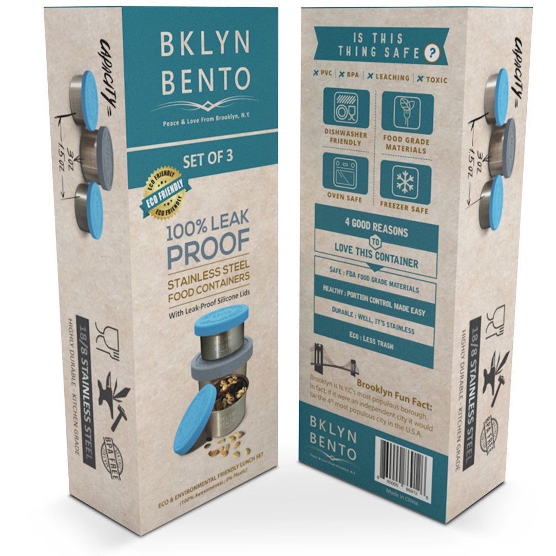 Bklyn Bento SMALL Stainless Steel 3 Piece Condiment Set, Great For Salad Dressings And Portion Control Snacks with 100% Leakproof Lids