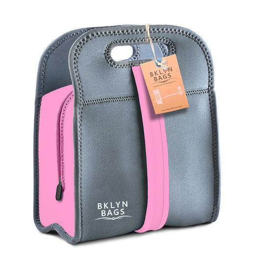 Bklyn Bento Neoprene Lunch Bag (Charcoal + Pink), Super Durable, Soft, Easy to Clean, Machine Washable