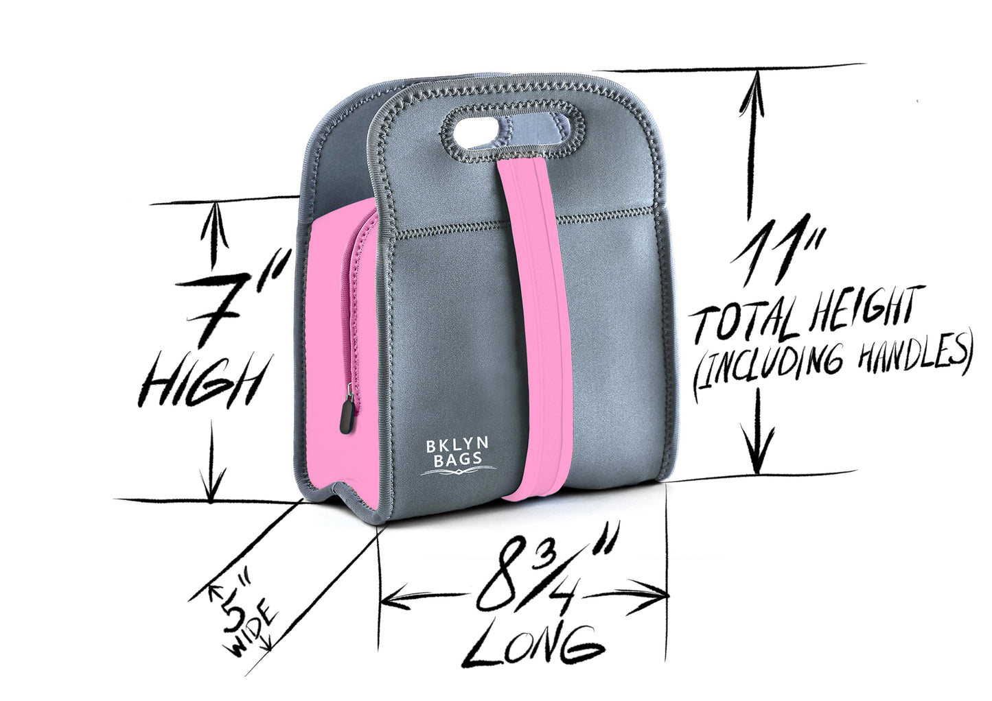 Bklyn Bento Neoprene Lunch Bag (Charcoal + Pink), Super Durable, Soft, Easy to Clean, Machine Washable