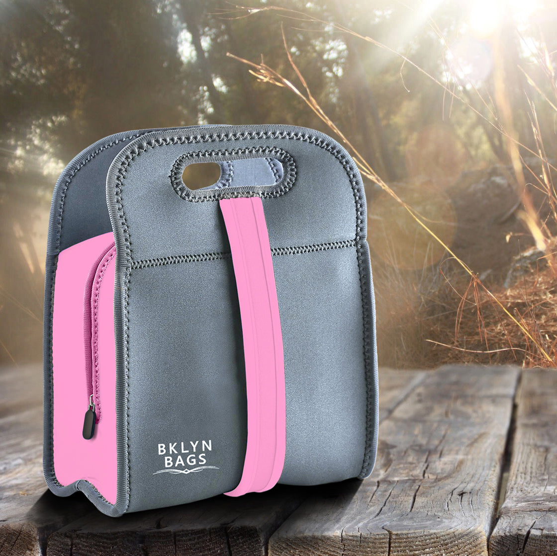 Bklyn Bento Neoprene Lunch Bag (Charcoal + Pink), Super Durable, Soft, Easy to Clean, Machine Washable