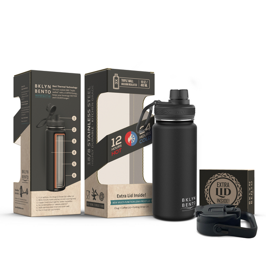 Bklyn Bento Wide-Mouth Vacuum Insulated Water Bottle Comes With All 3 Lid Options: (1) Chug (2) Straw and (3) Coffee Lid (Black / 16oz)