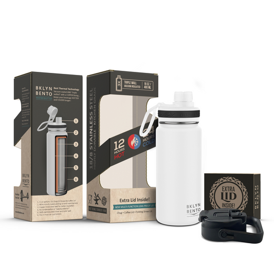 Bklyn Bento Wide-Mouth Vacuum Insulated Water Bottle Comes With All 3 Lid Options: (1) Chug (2) Straw and (3) Coffee Lid (White / 16oz)