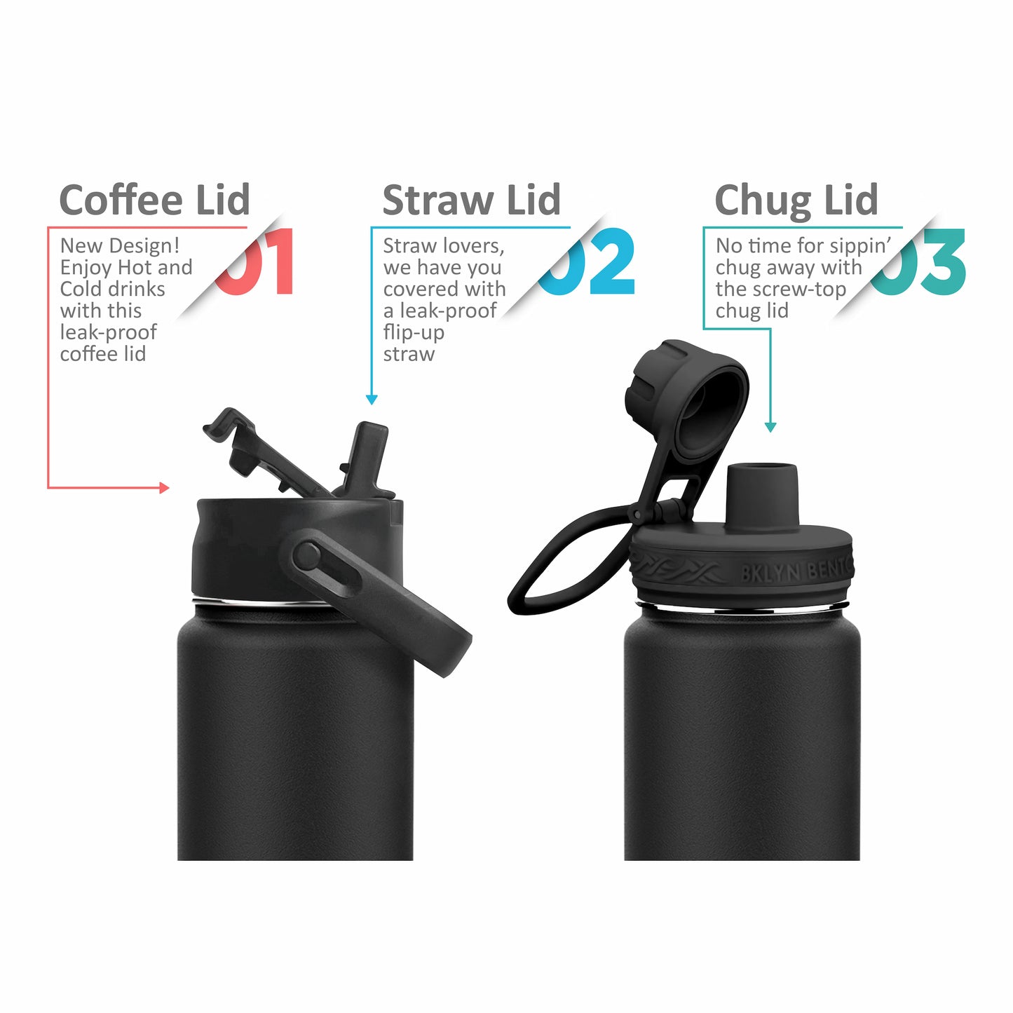 Bklyn Bento Wide-Mouth Vacuum Insulated Water Bottle Comes With All 3 Lid Options: (1) Chug (2) Straw and (3) Coffee Lid (Black / 24oz)