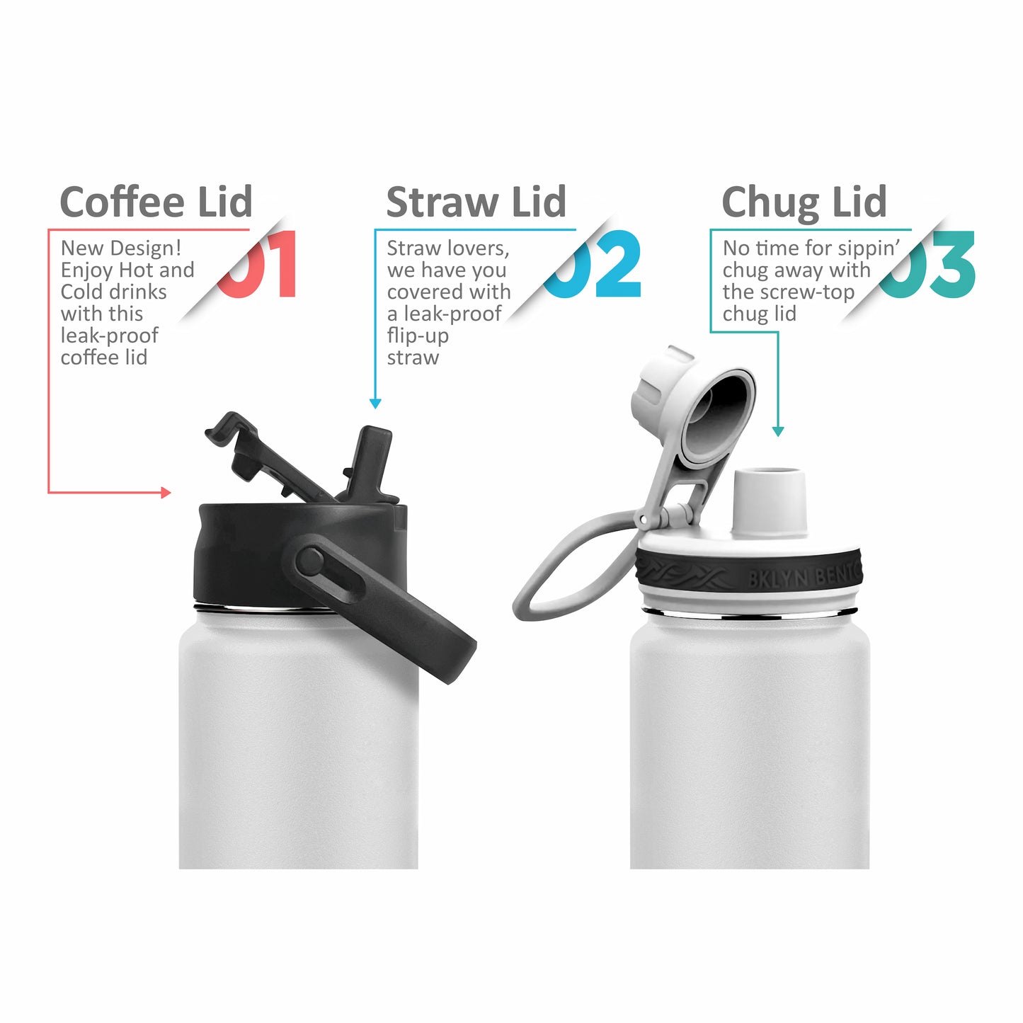 Bklyn Bento Wide-Mouth Vacuum Insulated Water Bottle Comes With All 3 Lid Options: (1) Chug (2) Straw and (3) Coffee Lid (White / 24oz)