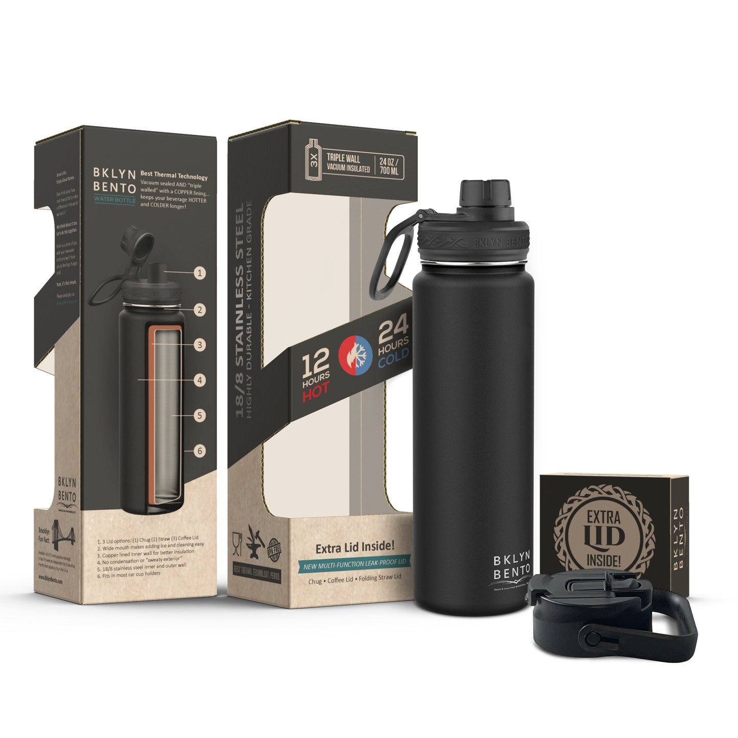 Bklyn Bento Wide-Mouth Vacuum Insulated Water Bottle Comes With All 3 Lid Options: (1) Chug (2) Straw and (3) Coffee Lid (Black / 24oz)